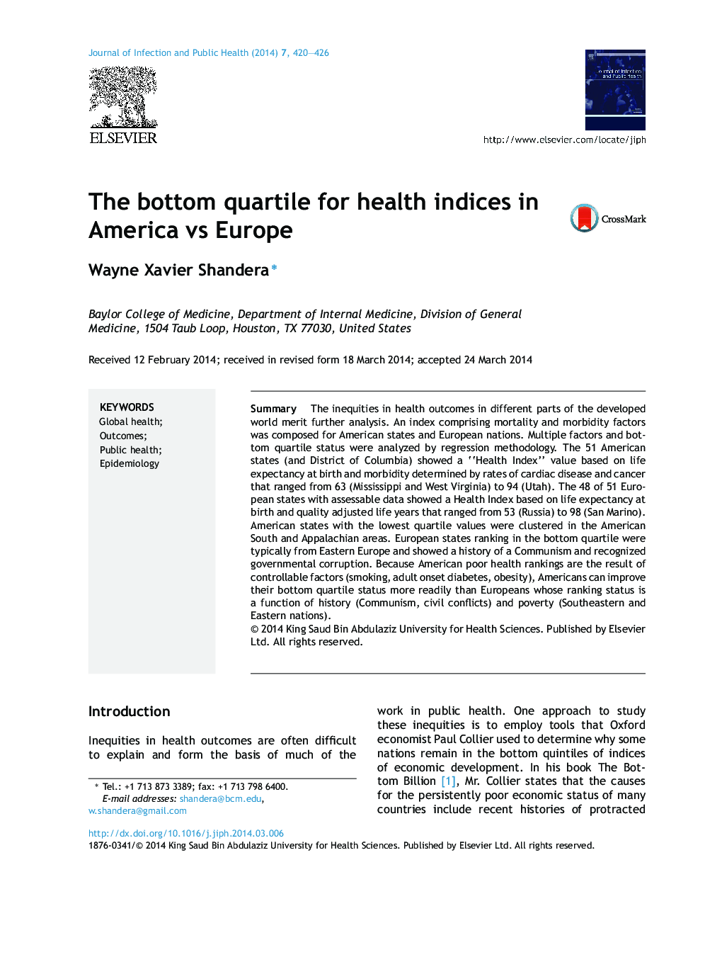 The bottom quartile for health indices in America vs Europe