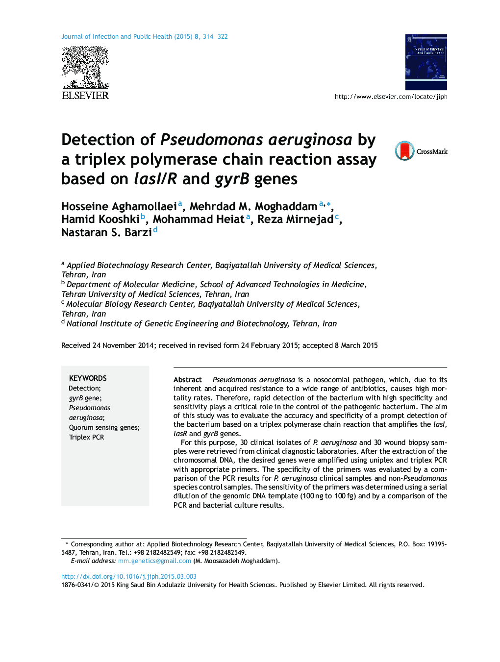 Detection of Pseudomonas aeruginosa by a triplex polymerase chain reaction assay based on lasI/R and gyrB genes