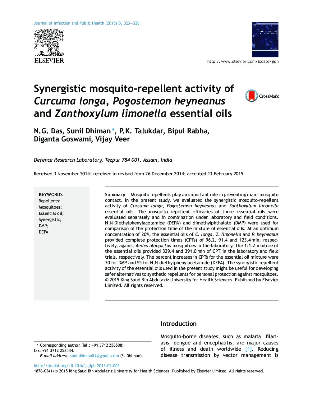 Synergistic mosquito-repellent activity of Curcuma longa, Pogostemon heyneanus and Zanthoxylum limonella essential oils