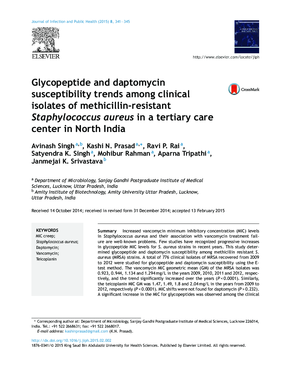 Glycopeptide and daptomycin susceptibility trends among clinical isolates of methicillin-resistant Staphylococcus aureus in a tertiary care center in North India