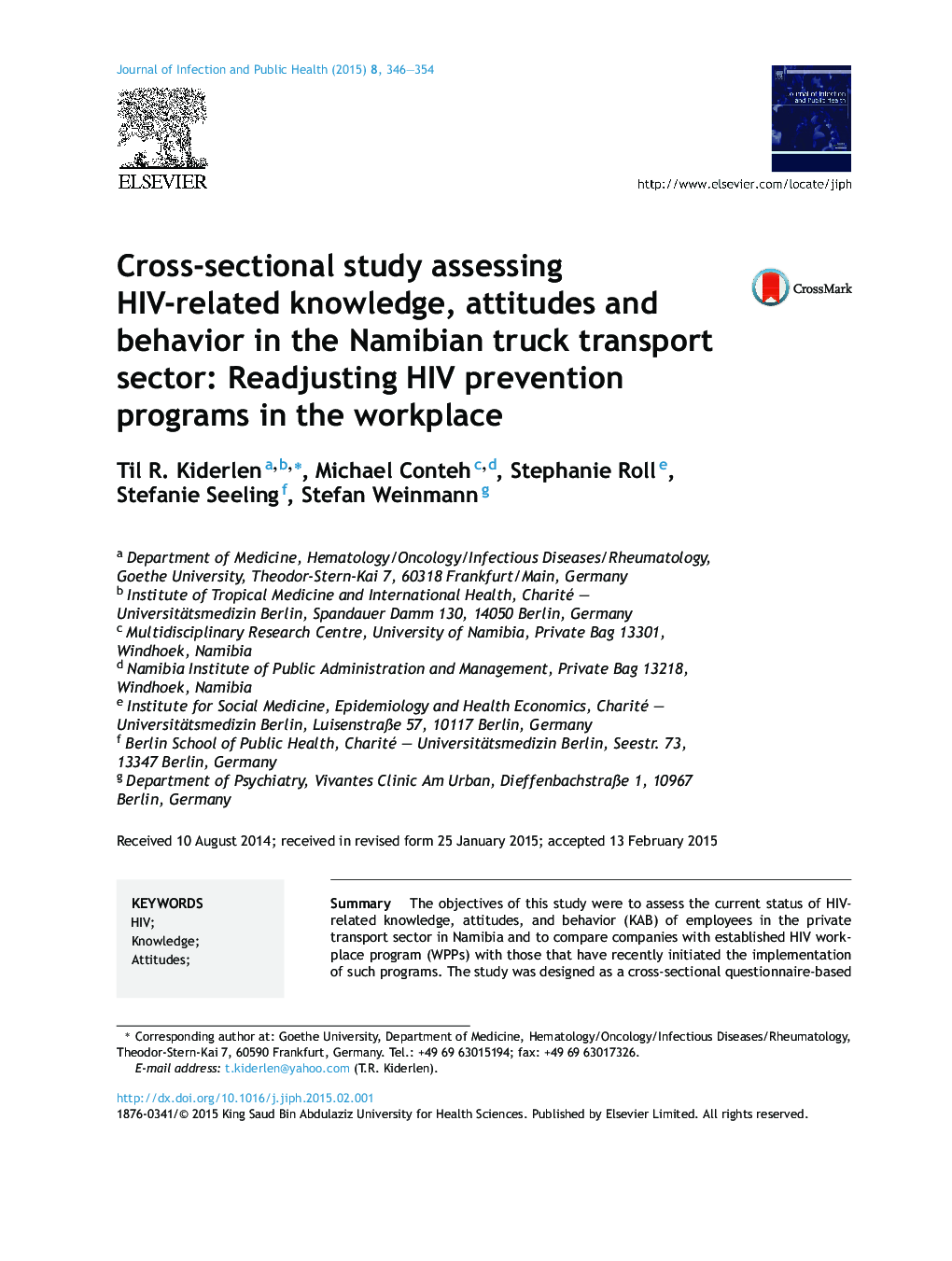 Cross-sectional study assessing HIV-related knowledge, attitudes and behavior in the Namibian truck transport sector: Readjusting HIV prevention programs in the workplace