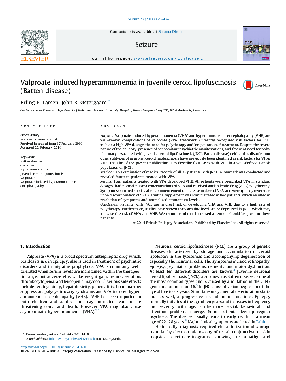 Valproate-induced hyperammonemia in juvenile ceroid lipofuscinosis (Batten disease)