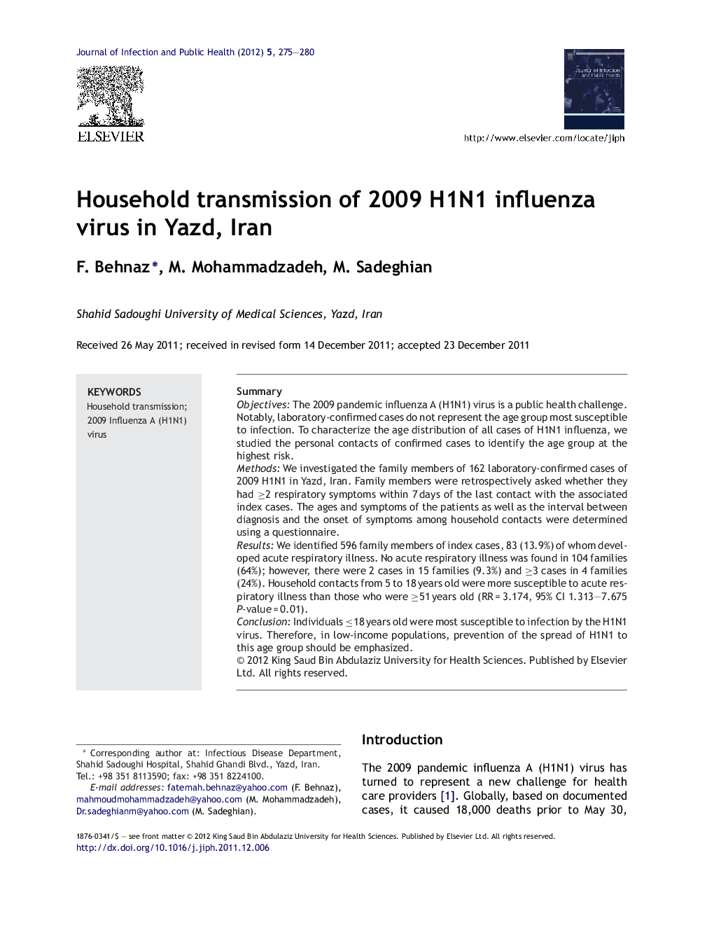 Household transmission of 2009 H1N1 influenza virus in Yazd, Iran