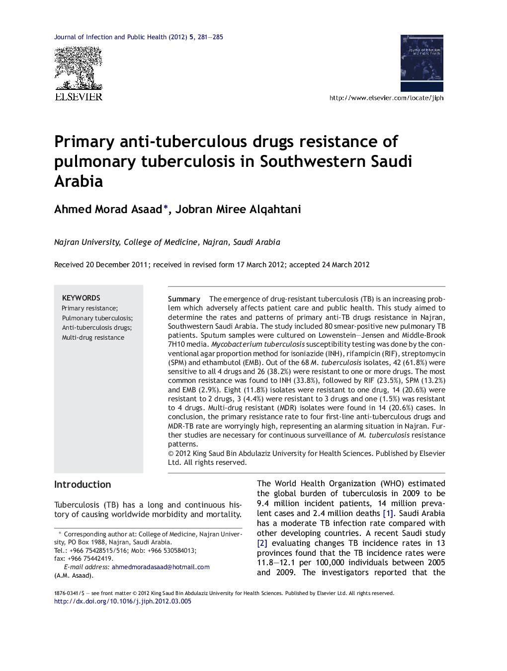 Primary anti-tuberculous drugs resistance of pulmonary tuberculosis in Southwestern Saudi Arabia