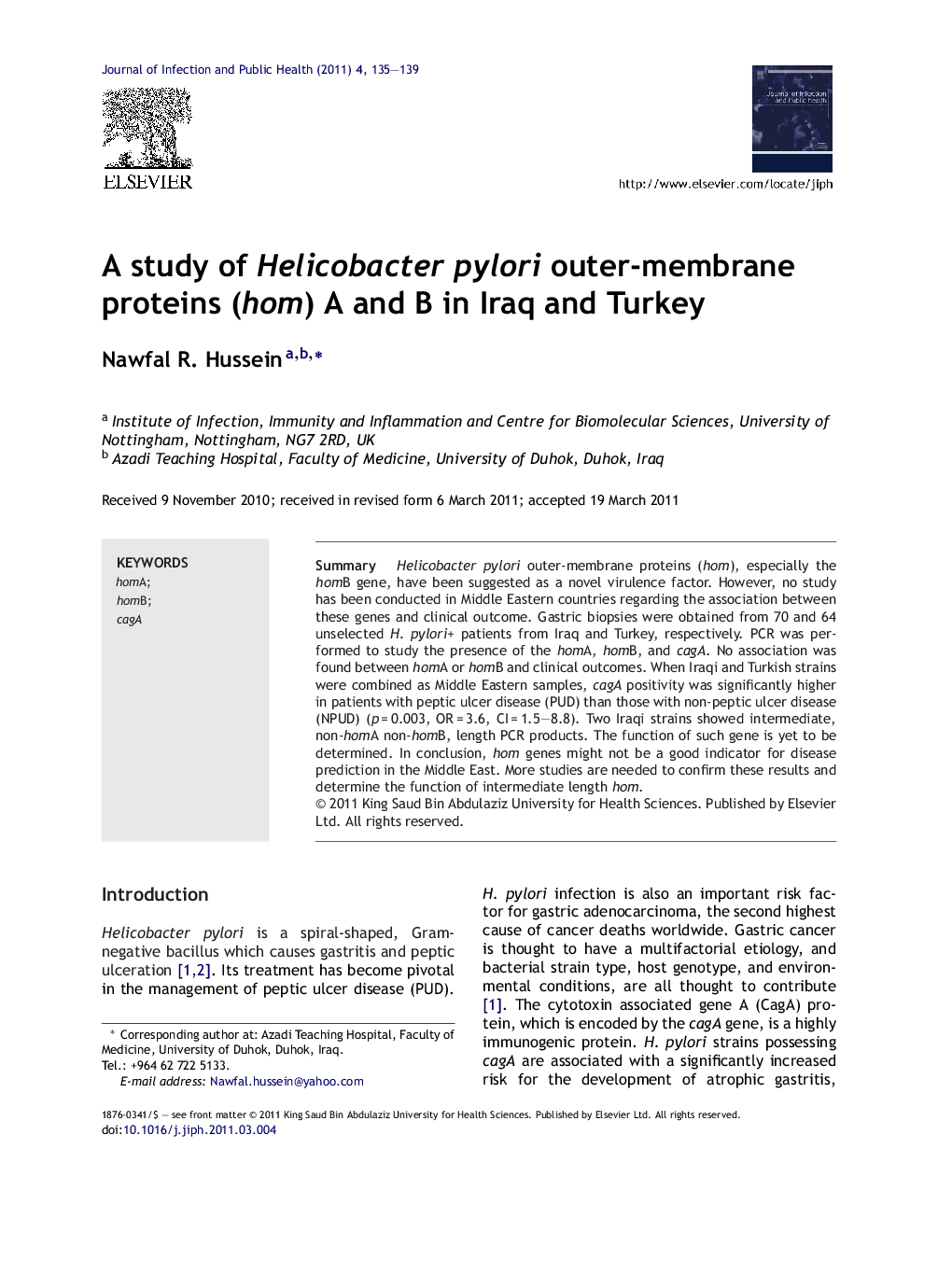 A study of Helicobacter pylori outer-membrane proteins (hom) A and B in Iraq and Turkey