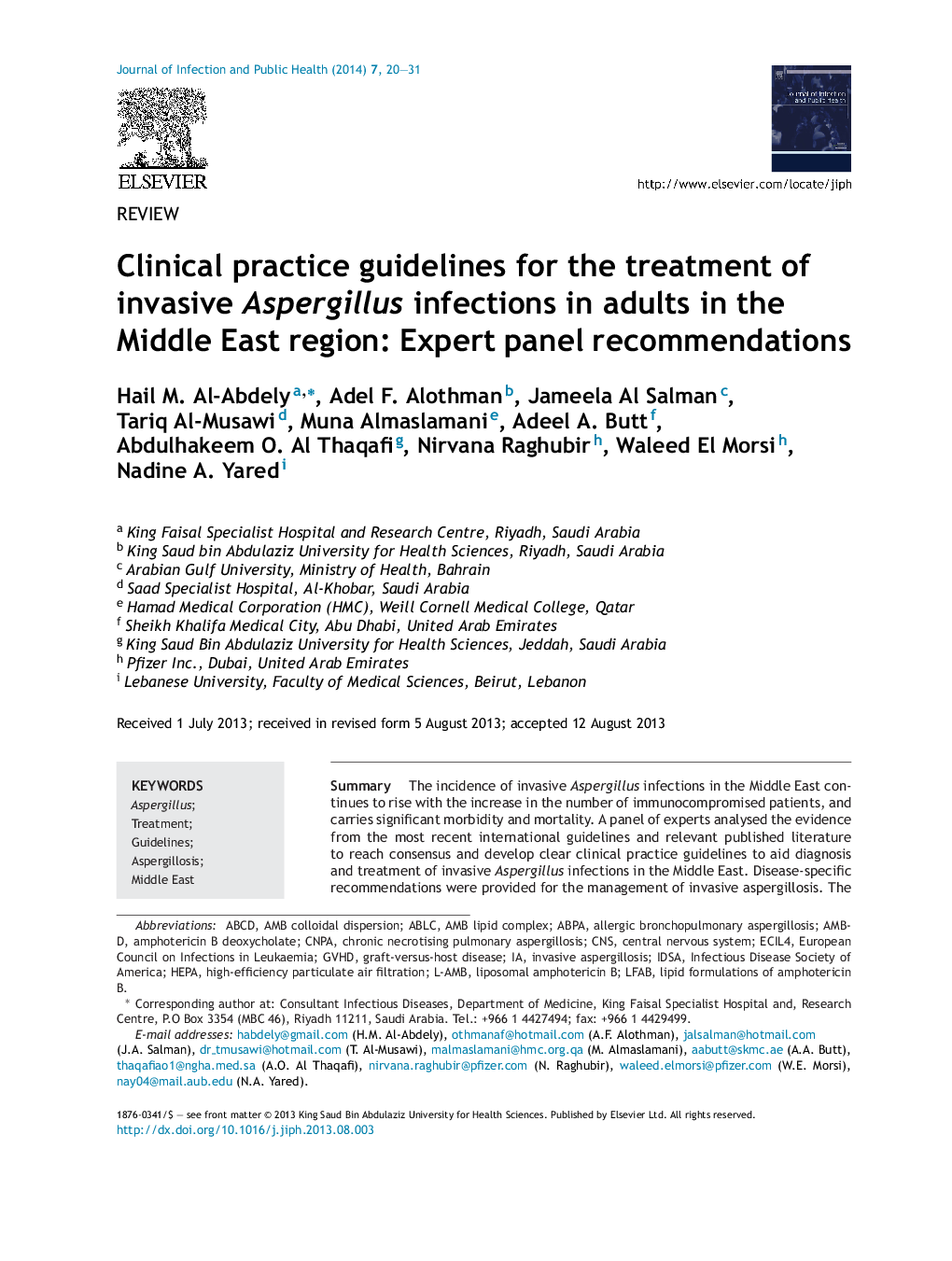 Clinical practice guidelines for the treatment of invasive Aspergillus infections in adults in the Middle East region: Expert panel recommendations