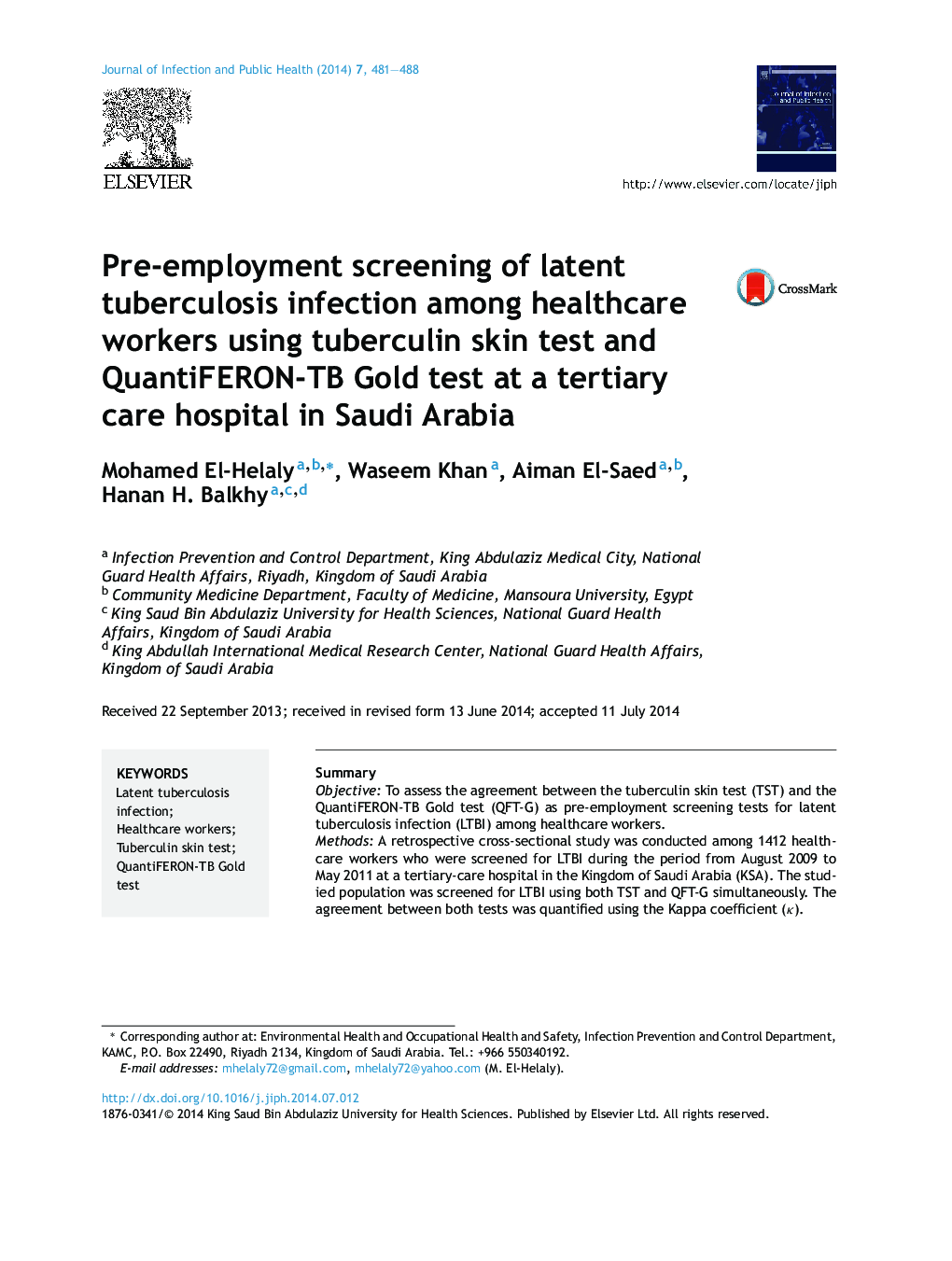 Pre-employment screening of latent tuberculosis infection among healthcare workers using tuberculin skin test and QuantiFERON-TB Gold test at a tertiary care hospital in Saudi Arabia