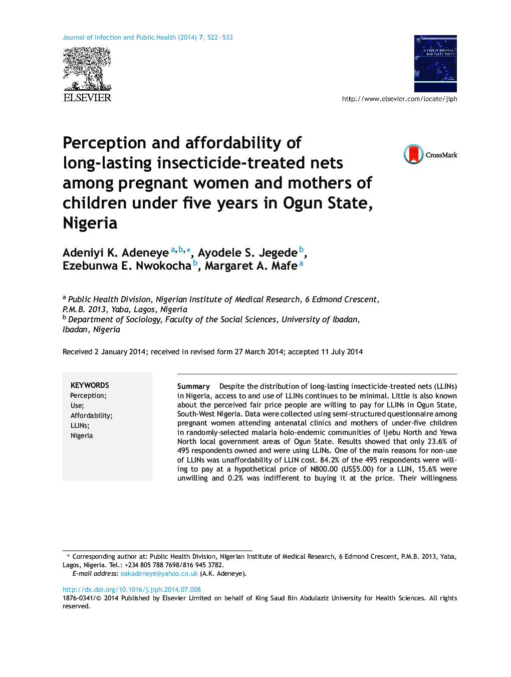 Perception and affordability of long-lasting insecticide-treated nets among pregnant women and mothers of children under five years in Ogun State, Nigeria