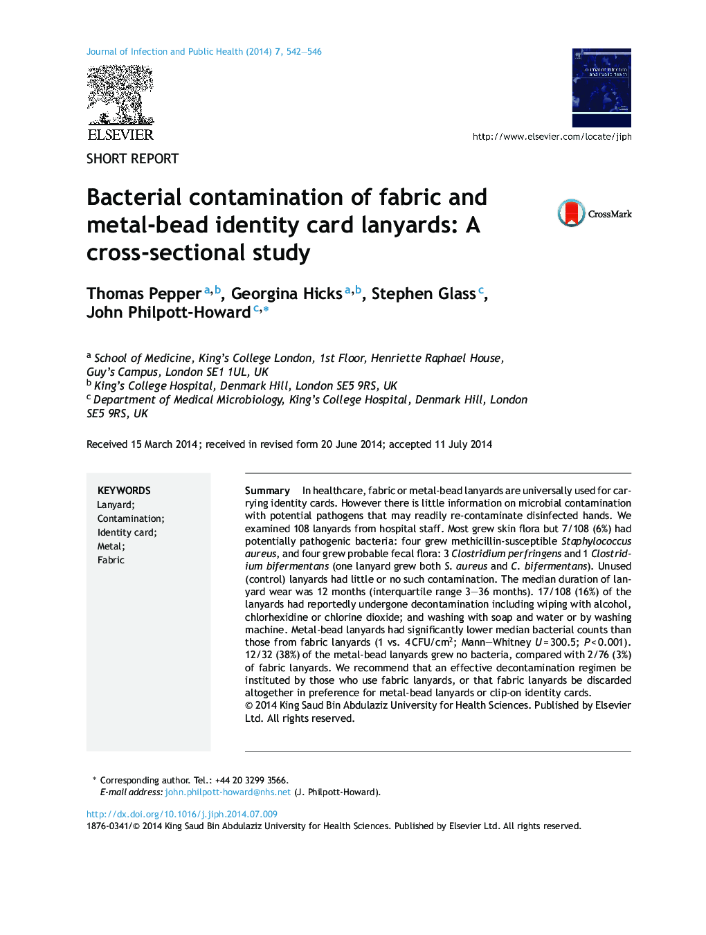 Bacterial contamination of fabric and metal-bead identity card lanyards: A cross-sectional study