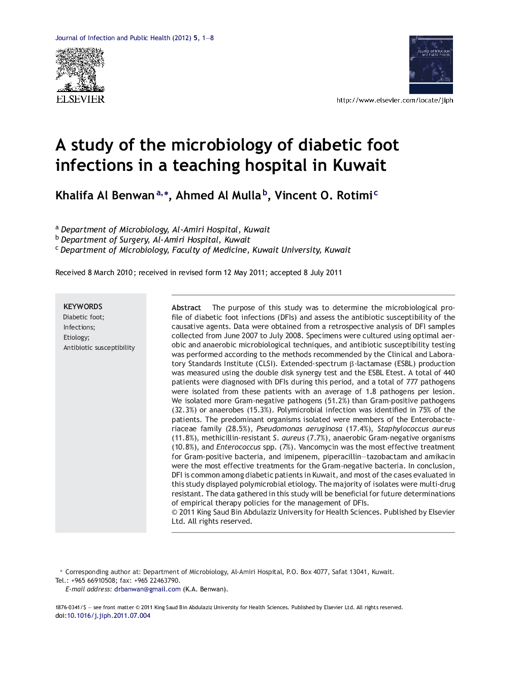 A study of the microbiology of diabetic foot infections in a teaching hospital in Kuwait