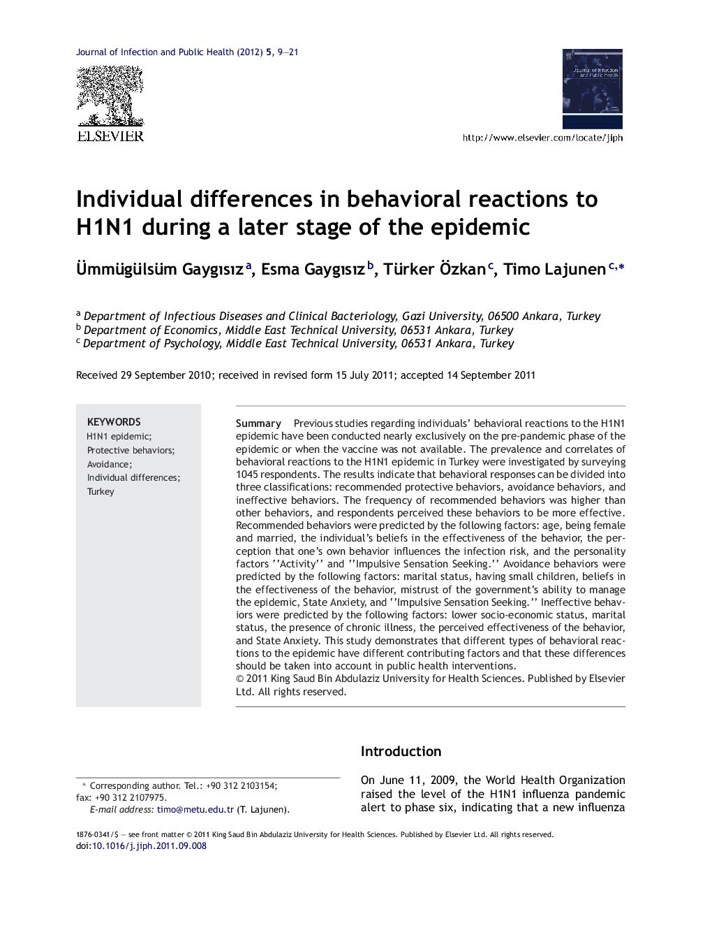 Individual differences in behavioral reactions to H1N1 during a later stage of the epidemic