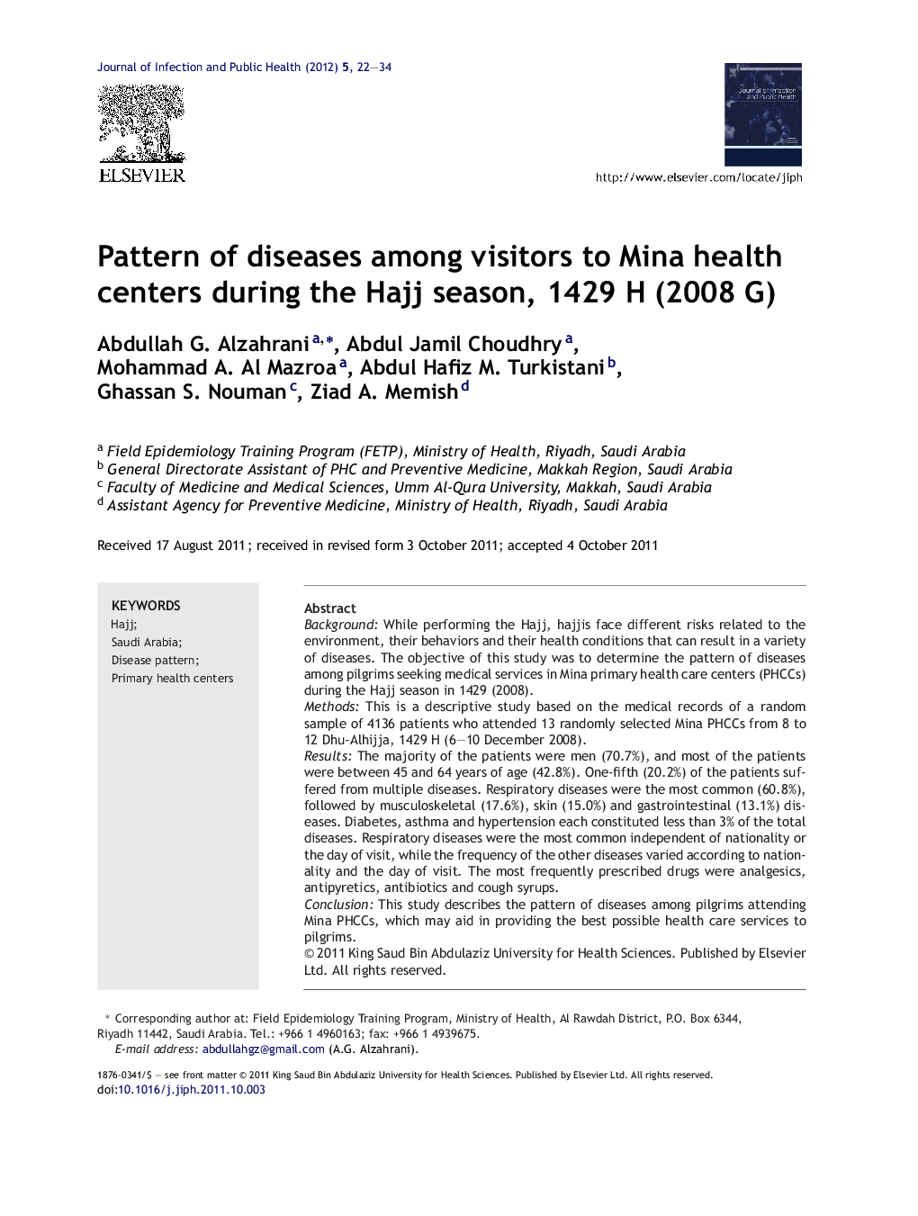 Pattern of diseases among visitors to Mina health centers during the Hajj season, 1429 H (2008 G)