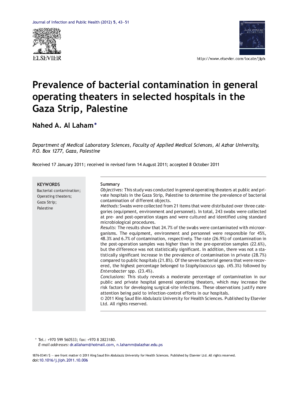 Prevalence of bacterial contamination in general operating theaters in selected hospitals in the Gaza Strip, Palestine