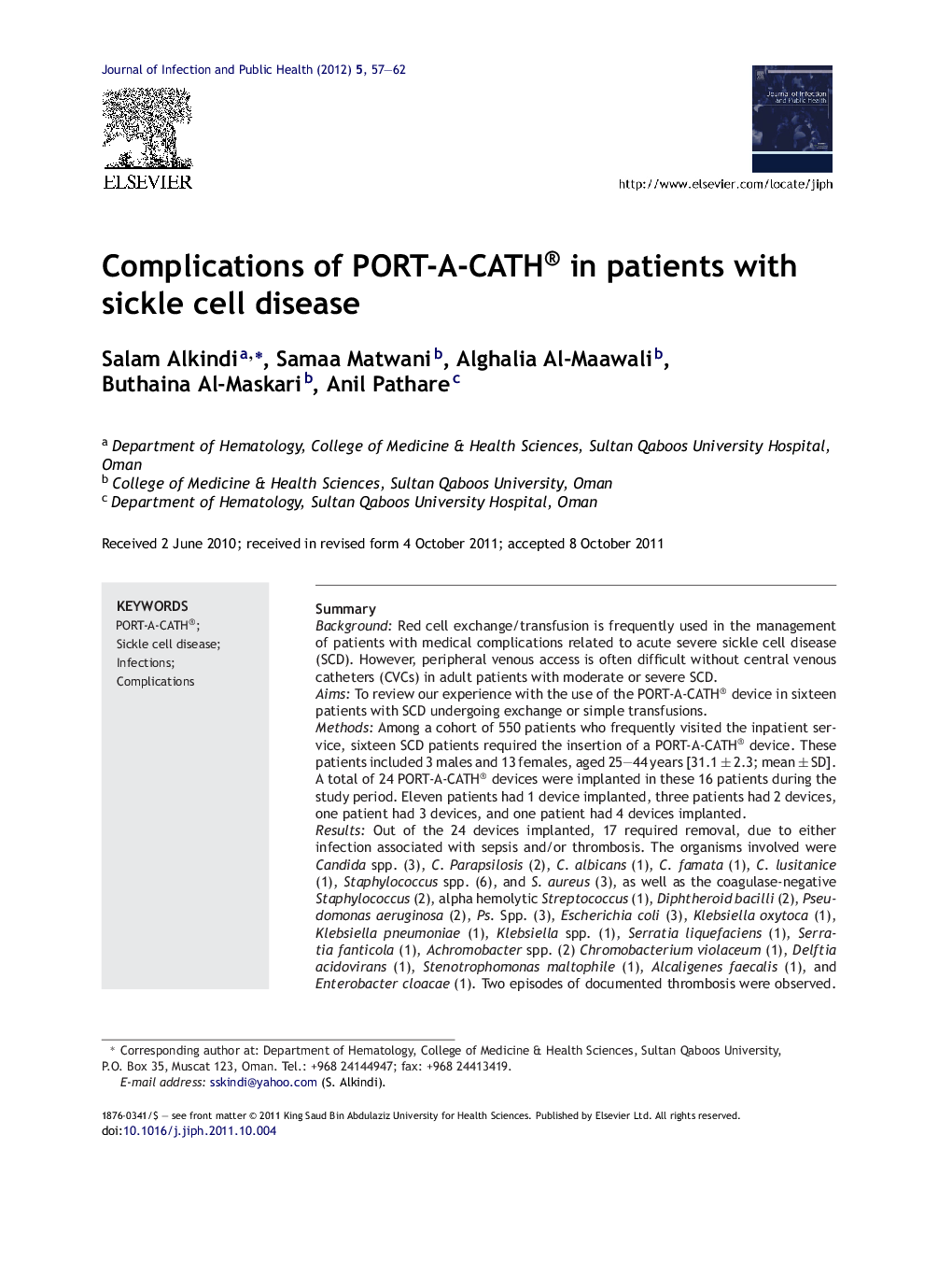 Complications of PORT-A-CATH® in patients with sickle cell disease