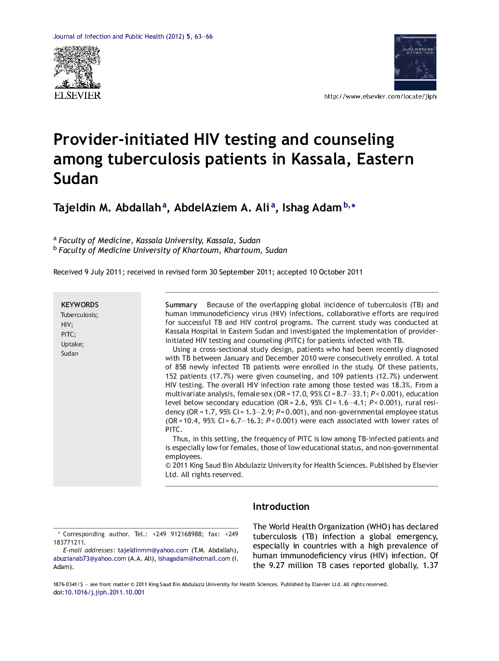 Provider-initiated HIV testing and counseling among tuberculosis patients in Kassala, Eastern Sudan