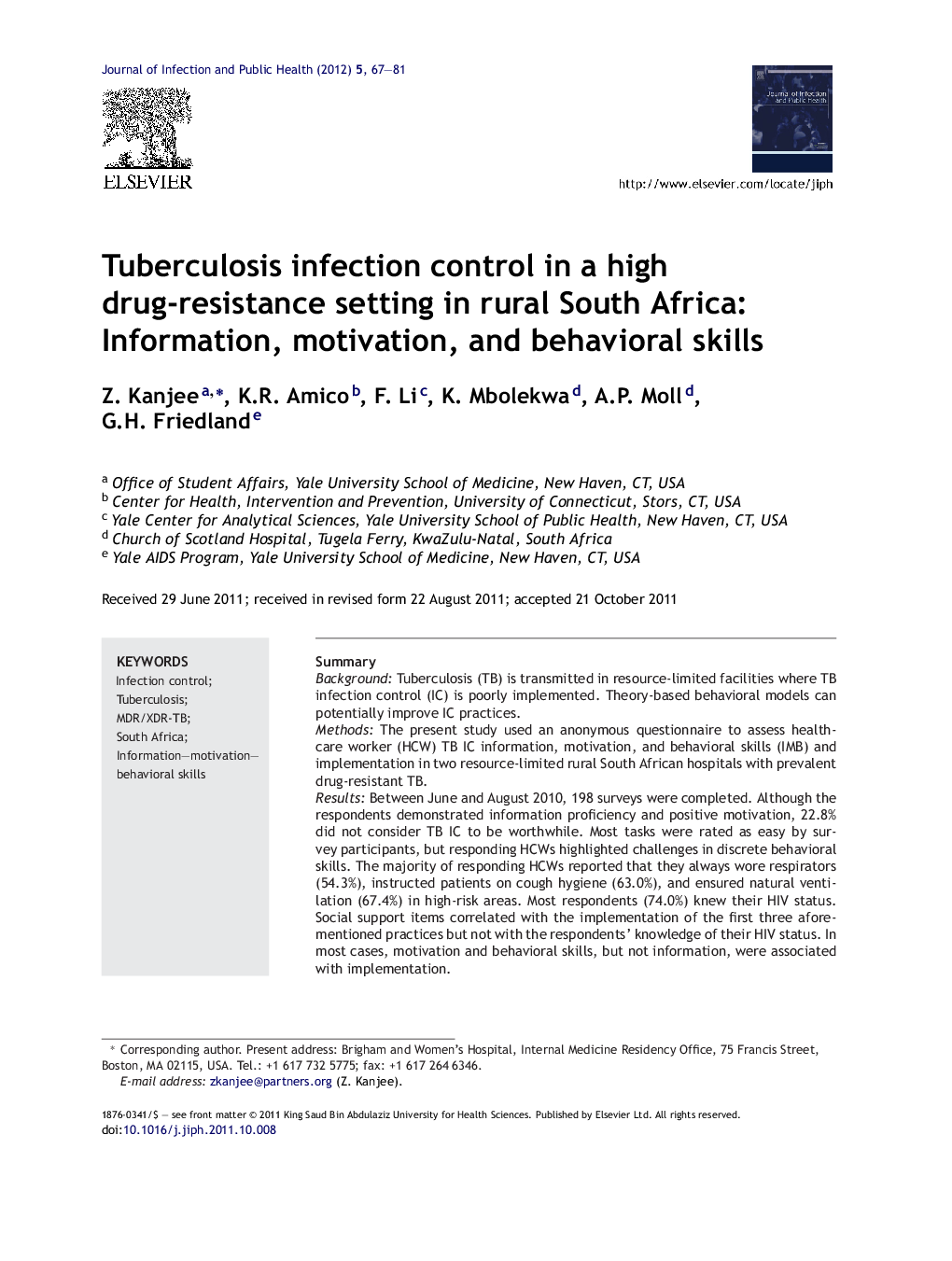 Tuberculosis infection control in a high drug-resistance setting in rural South Africa: Information, motivation, and behavioral skills