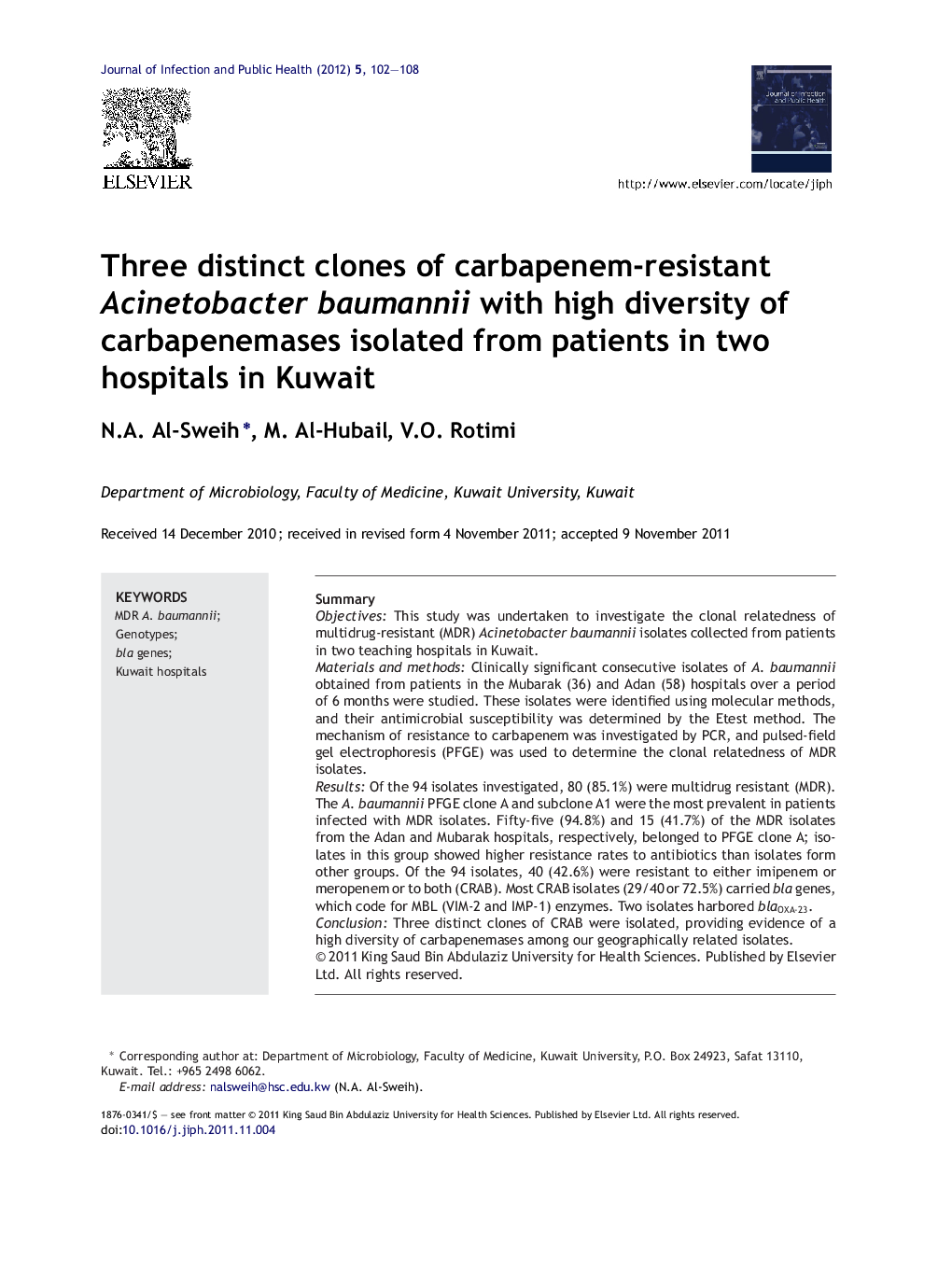 Three distinct clones of carbapenem-resistant Acinetobacter baumannii with high diversity of carbapenemases isolated from patients in two hospitals in Kuwait