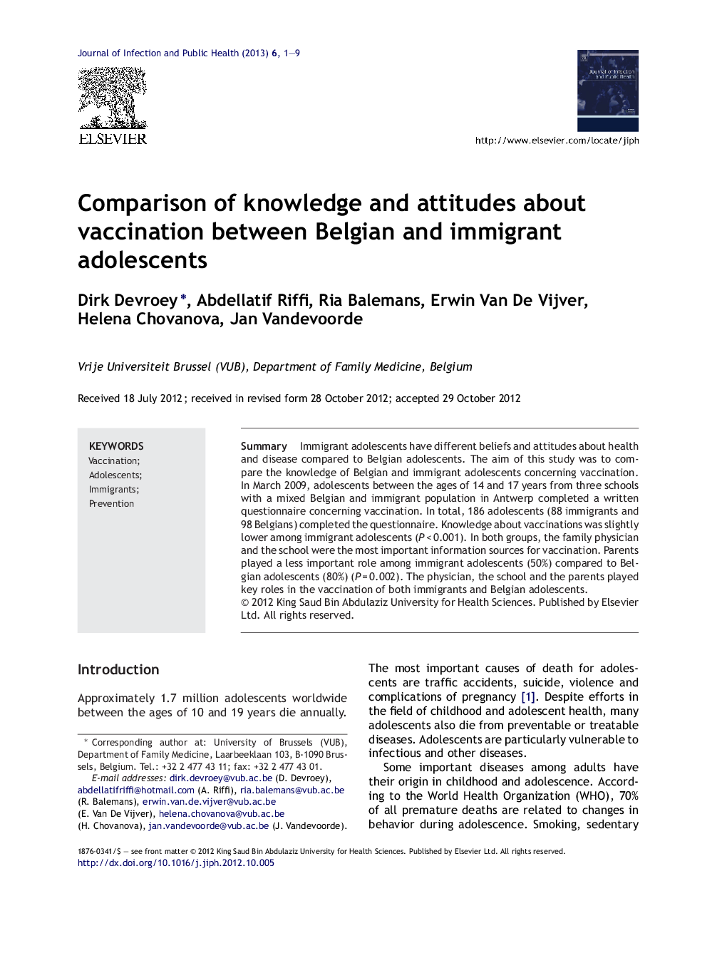 Comparison of knowledge and attitudes about vaccination between Belgian and immigrant adolescents