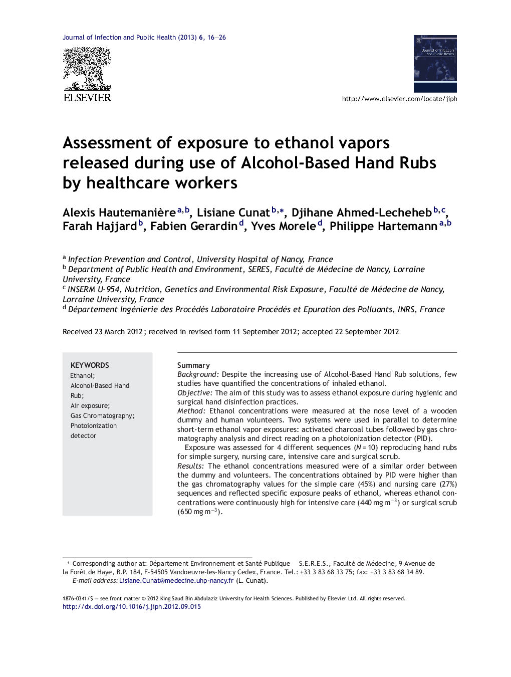 Assessment of exposure to ethanol vapors released during use of Alcohol-Based Hand Rubs by healthcare workers