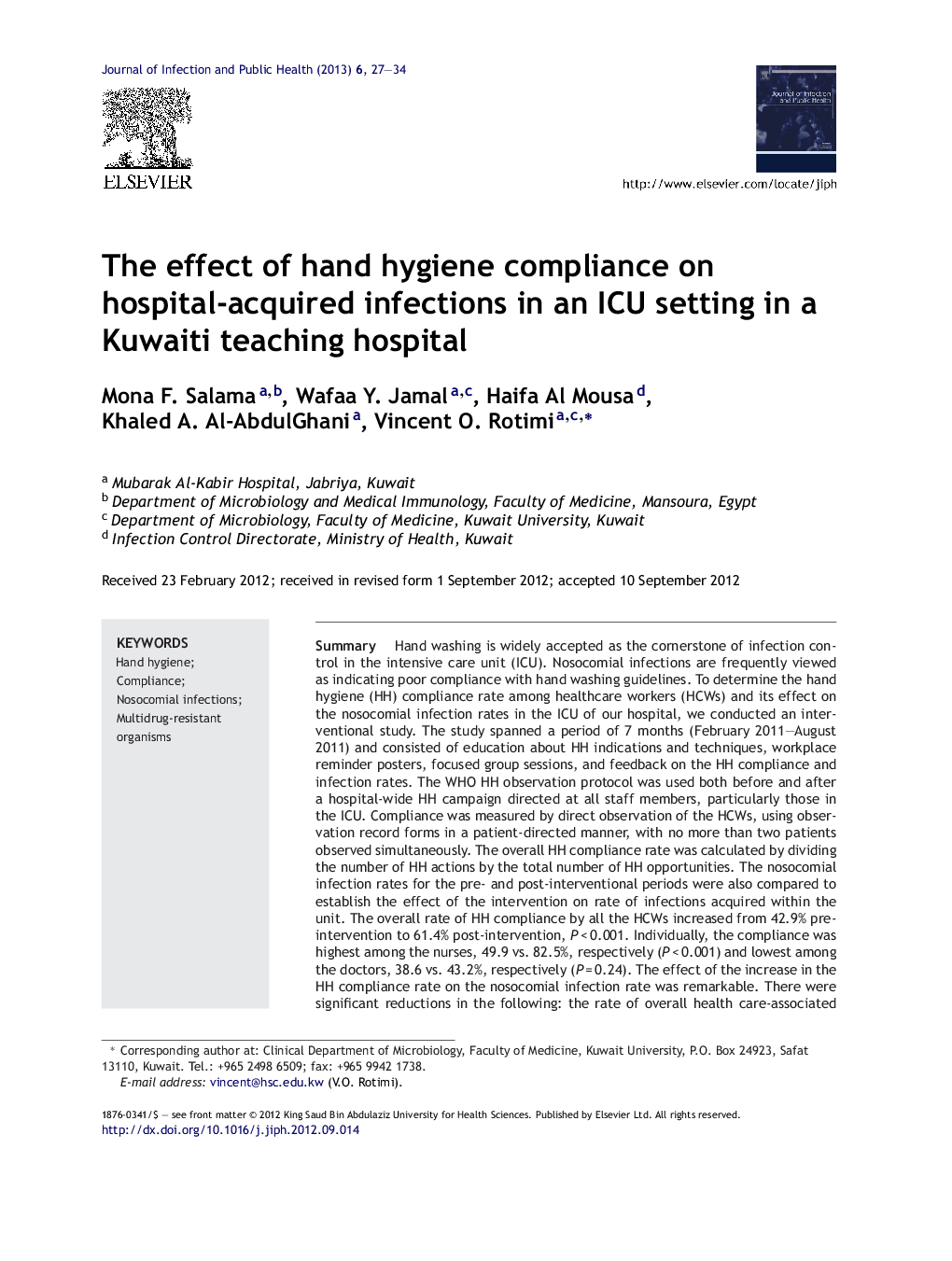 The effect of hand hygiene compliance on hospital-acquired infections in an ICU setting in a Kuwaiti teaching hospital