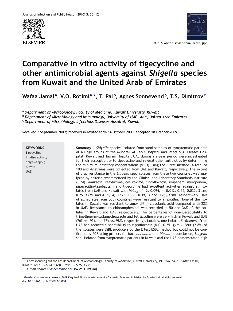 Comparative in vitro activity of tigecycline and other antimicrobial agents against Shigella species from Kuwait and the United Arab of Emirates