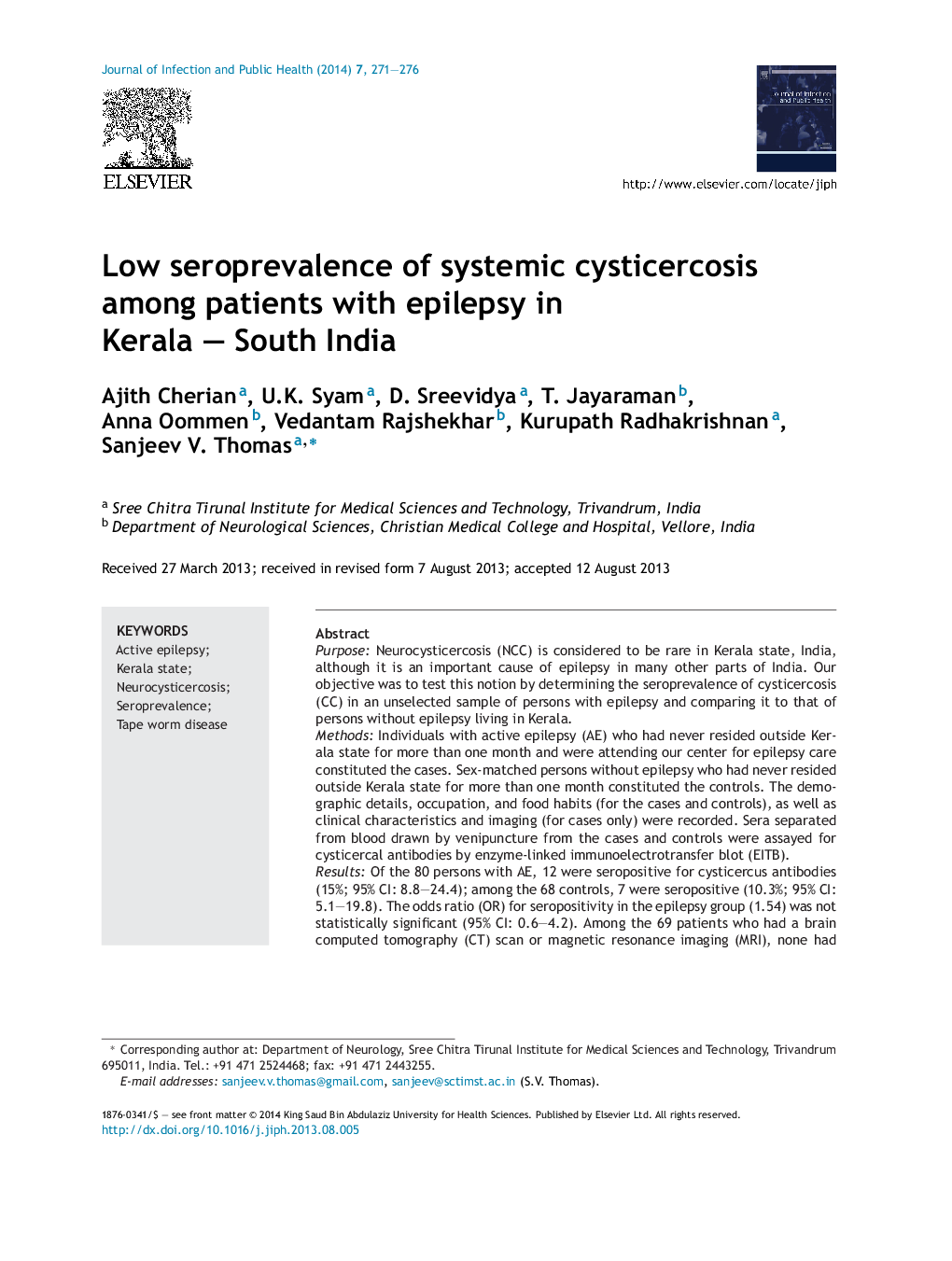 Low seroprevalence of systemic cysticercosis among patients with epilepsy in Kerala – South India