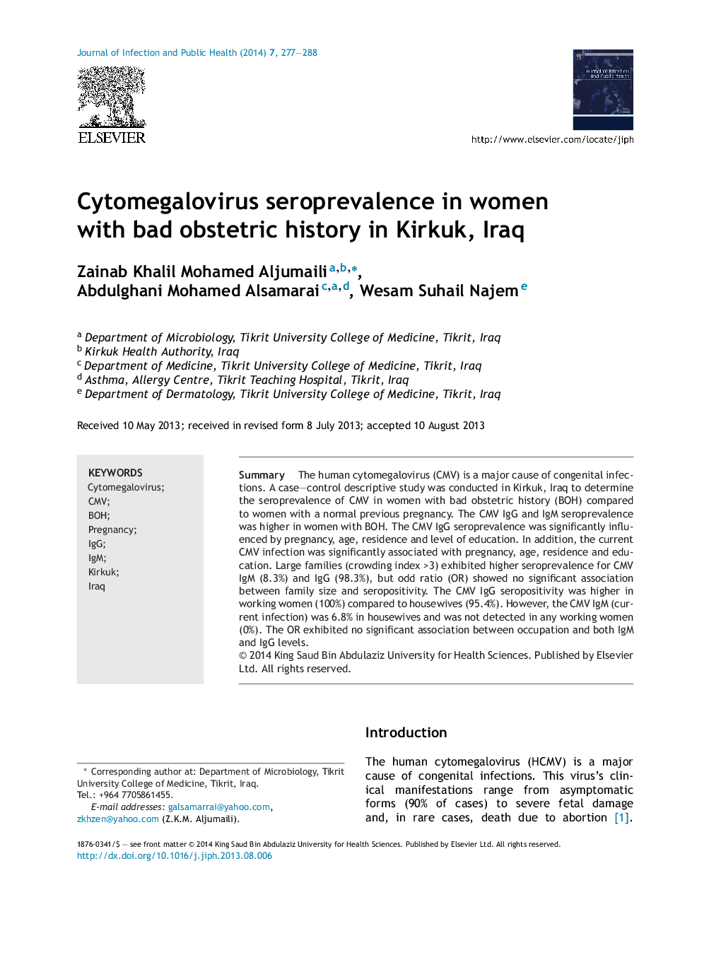 Cytomegalovirus seroprevalence in women with bad obstetric history in Kirkuk, Iraq