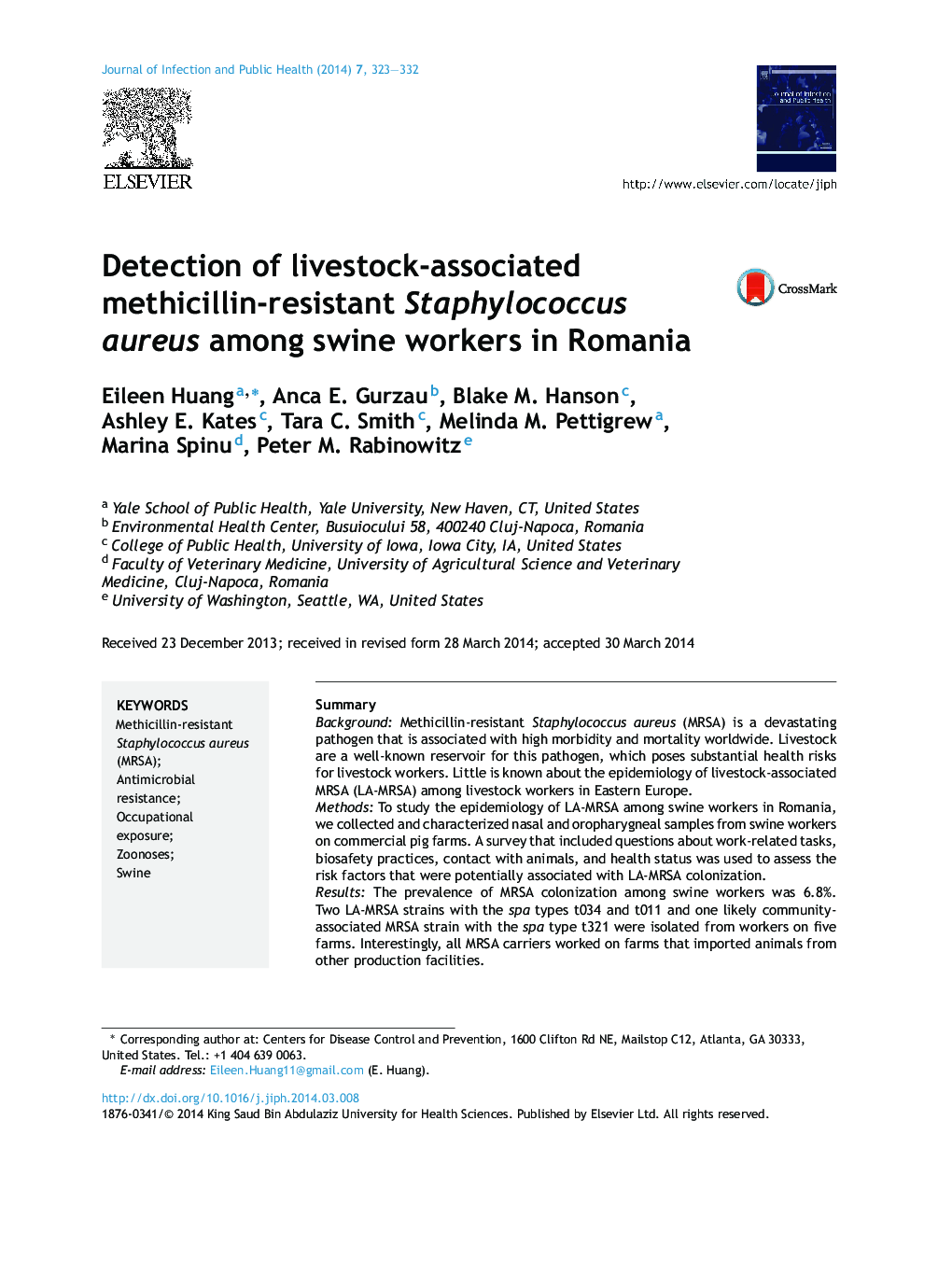 Detection of livestock-associated methicillin-resistant Staphylococcus aureus among swine workers in Romania