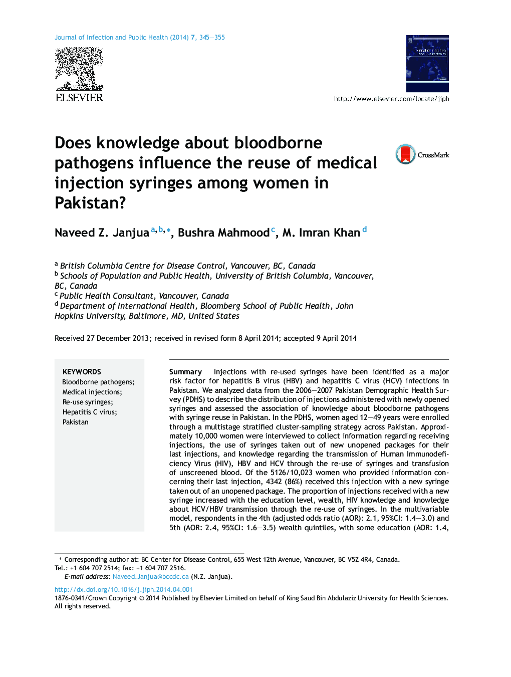 Does knowledge about bloodborne pathogens influence the reuse of medical injection syringes among women in Pakistan?