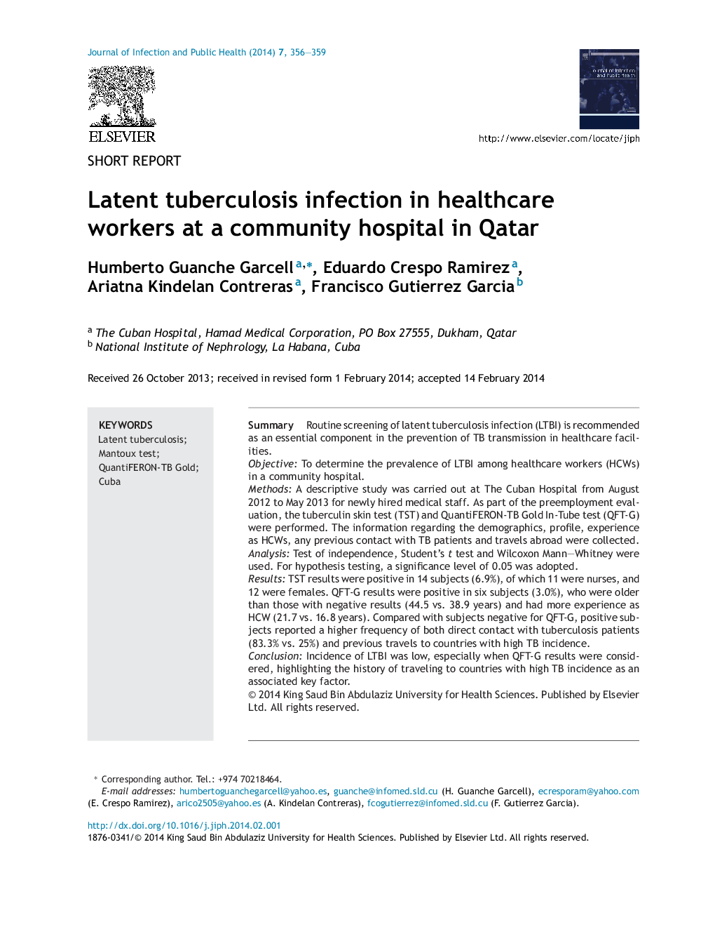 Latent tuberculosis infection in healthcare workers at a community hospital in Qatar