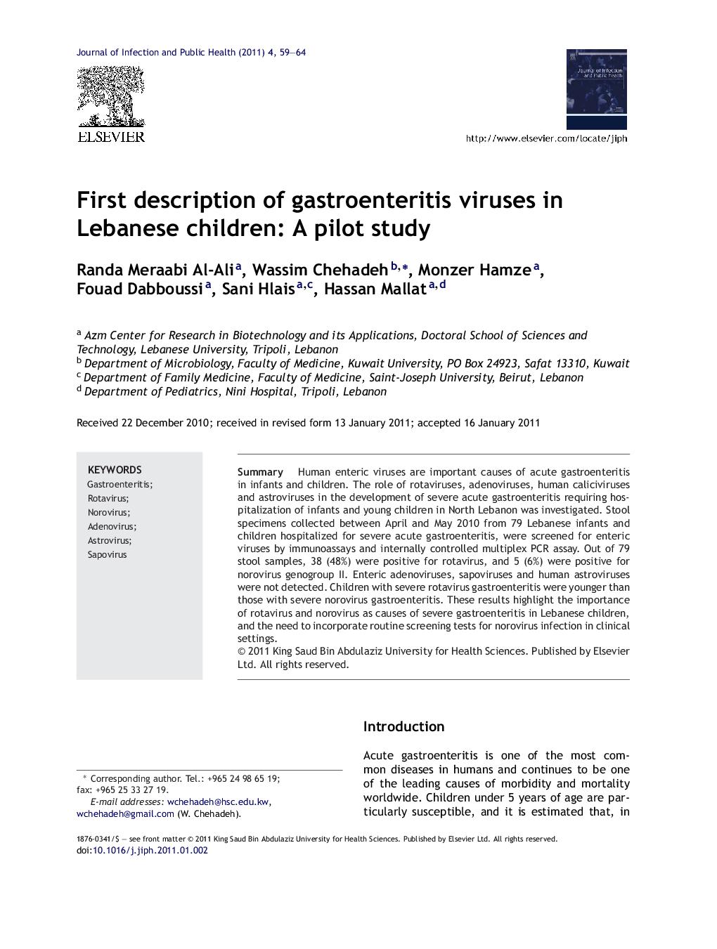 First description of gastroenteritis viruses in Lebanese children: A pilot study