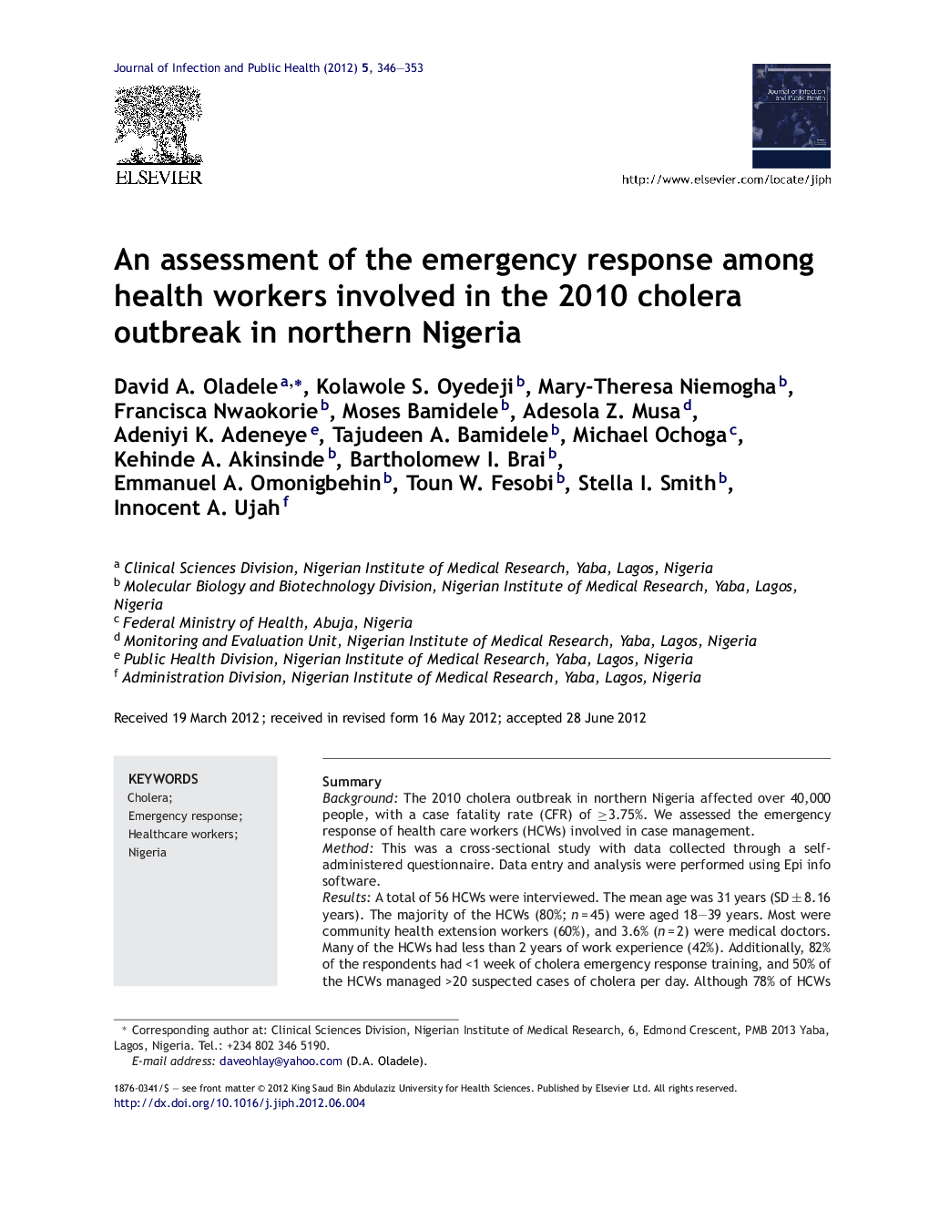 An assessment of the emergency response among health workers involved in the 2010 cholera outbreak in northern Nigeria