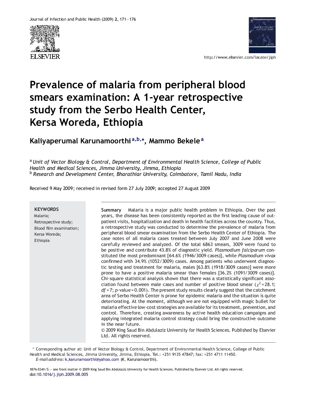 Prevalence of malaria from peripheral blood smears examination: A 1-year retrospective study from the Serbo Health Center, Kersa Woreda, Ethiopia