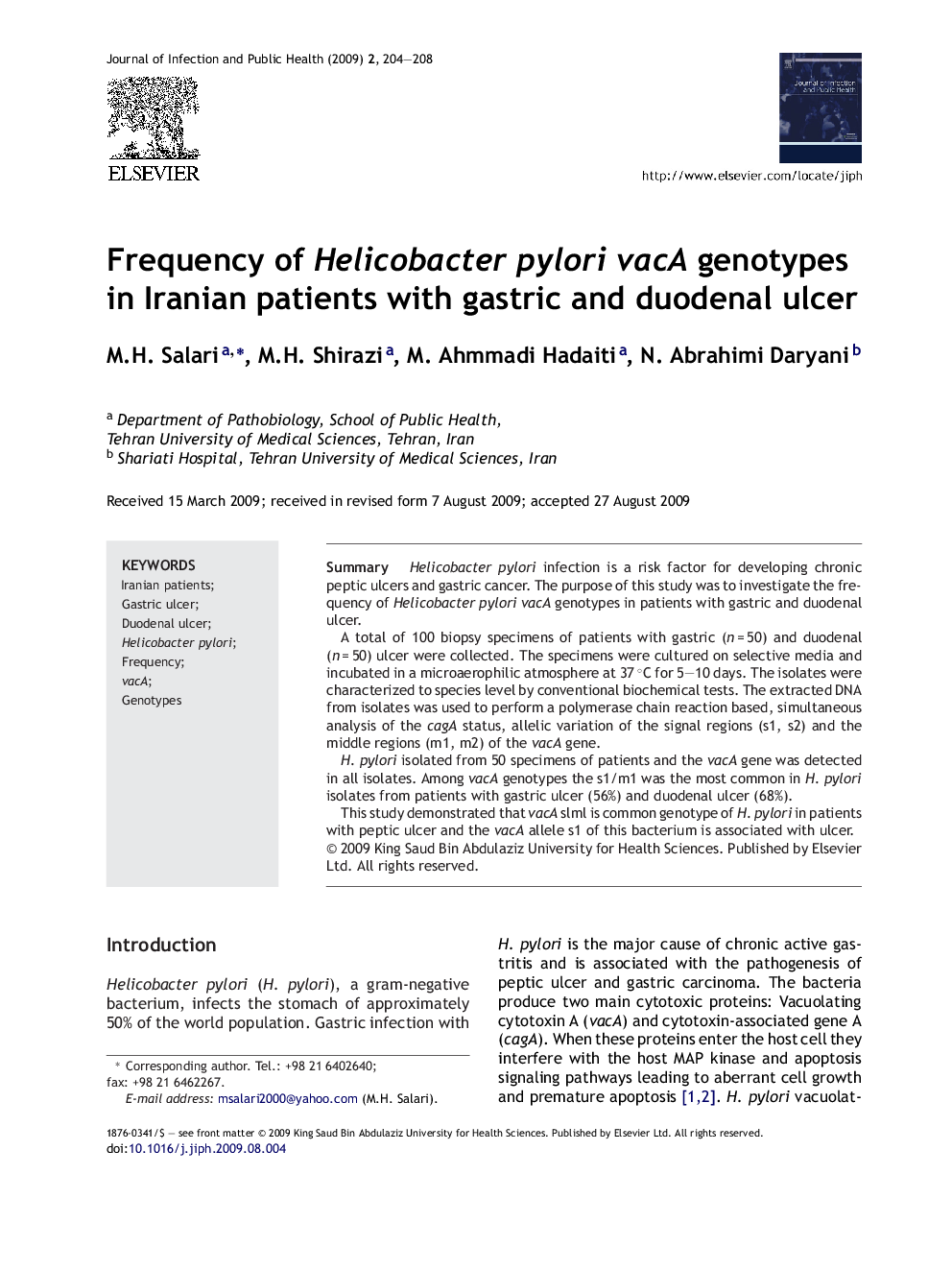 Frequency of Helicobacter pylori vacA genotypes in Iranian patients with gastric and duodenal ulcer