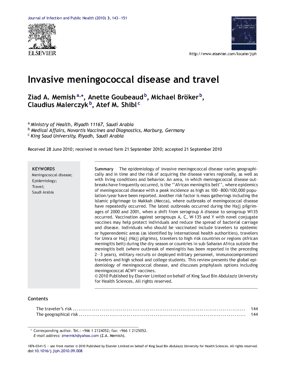 Invasive meningococcal disease and travel