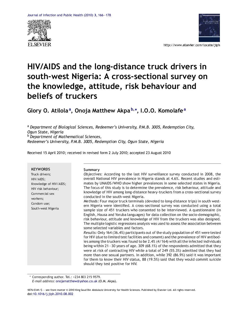 HIV/AIDS and the long-distance truck drivers in south-west Nigeria: A cross-sectional survey on the knowledge, attitude, risk behaviour and beliefs of truckers