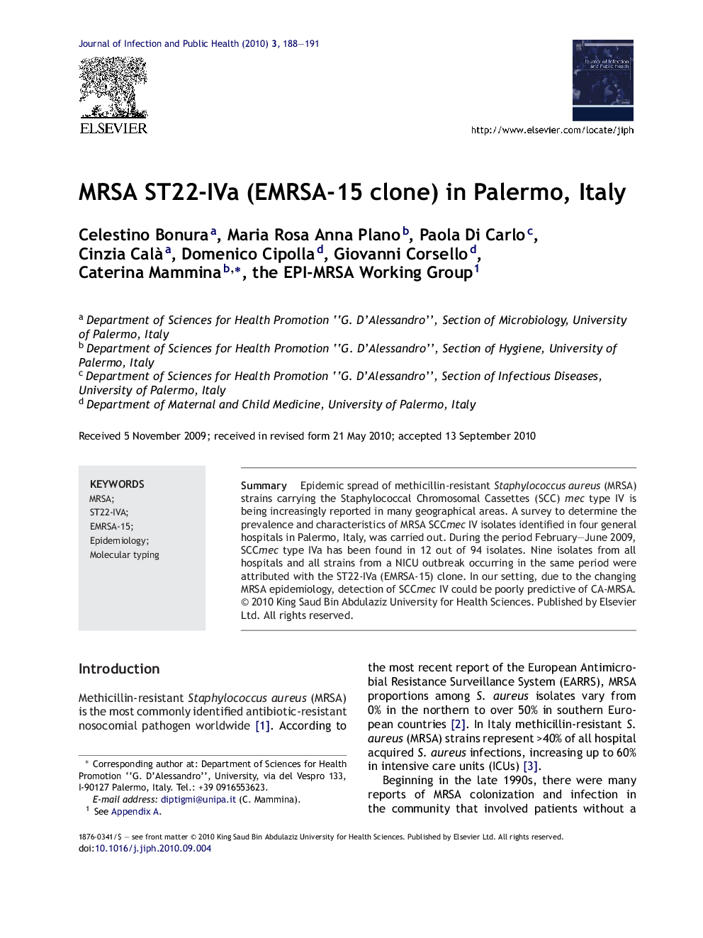 MRSA ST22-IVa (EMRSA-15 clone) in Palermo, Italy