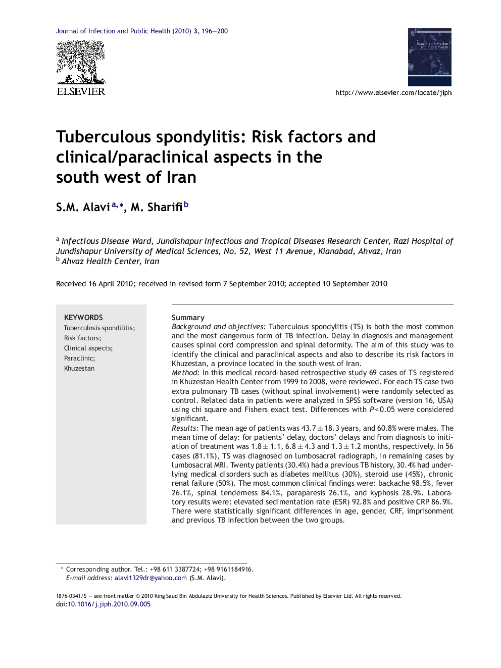 Tuberculous spondylitis: Risk factors and clinical/paraclinical aspects in the south west of Iran