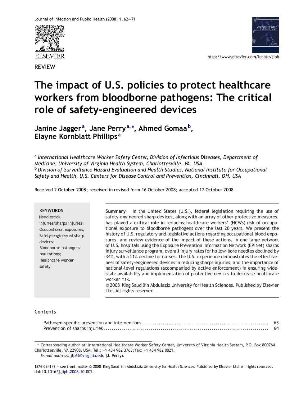 The impact of U.S. policies to protect healthcare workers from bloodborne pathogens: The critical role of safety-engineered devices