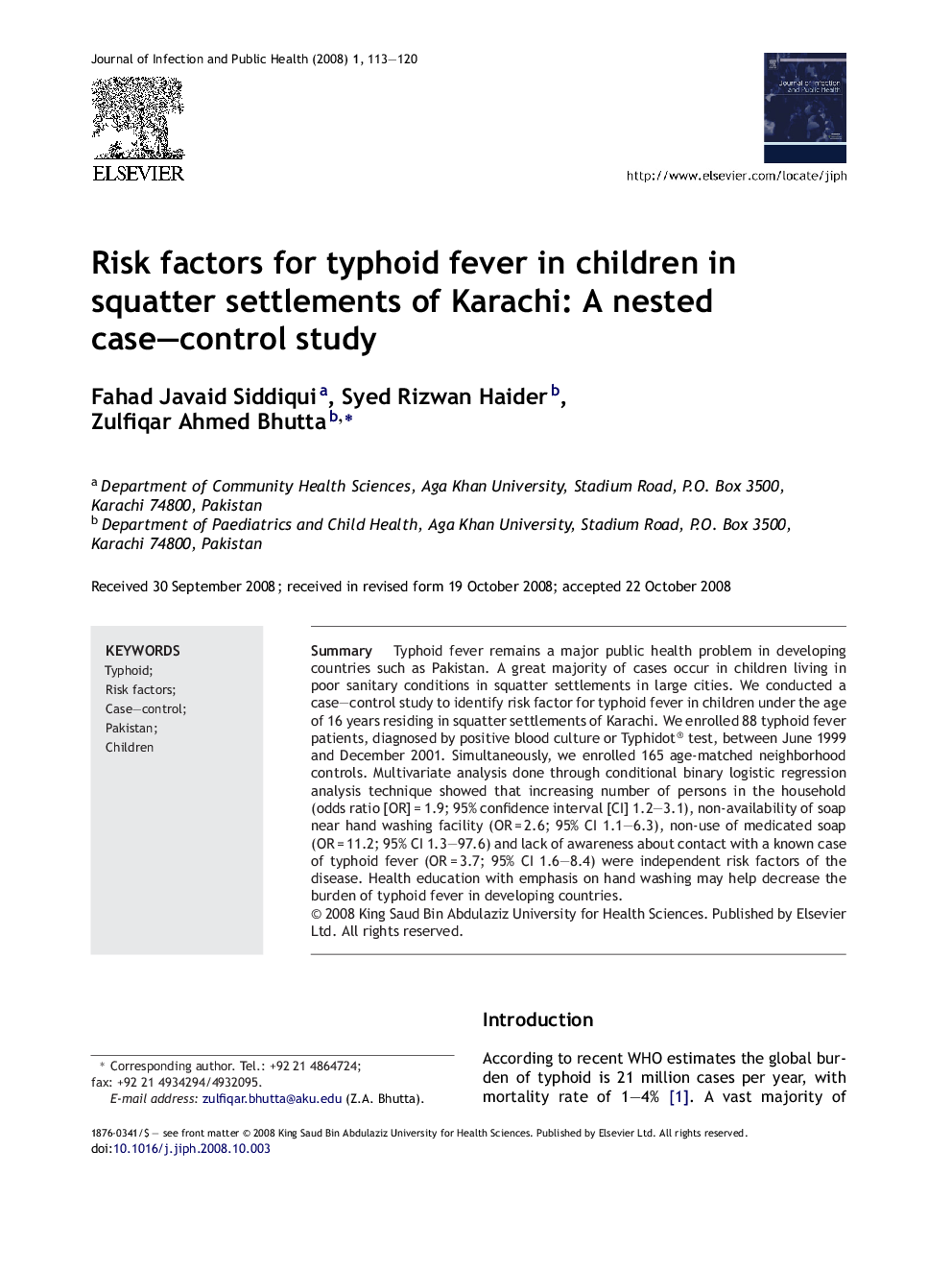 Risk factors for typhoid fever in children in squatter settlements of Karachi: A nested case–control study