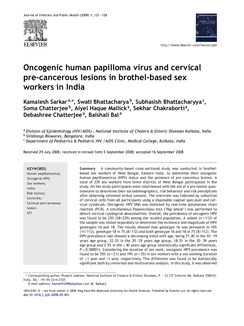 Oncogenic human papilloma virus and cervical pre-cancerous lesions in brothel-based sex workers in India