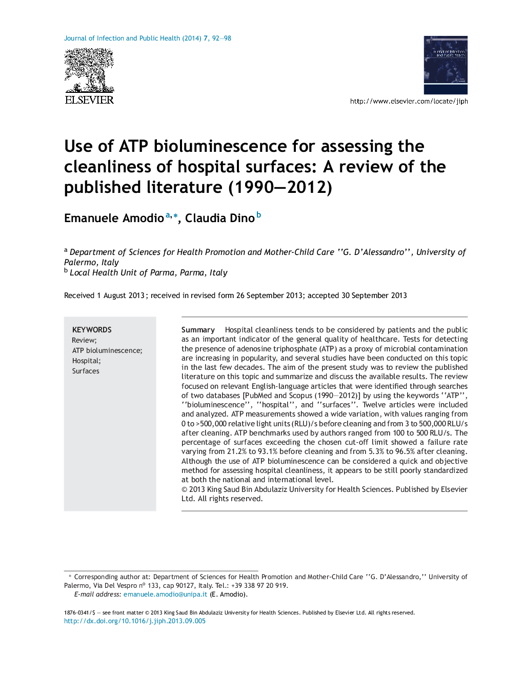 Use of ATP bioluminescence for assessing the cleanliness of hospital surfaces: A review of the published literature (1990–2012)