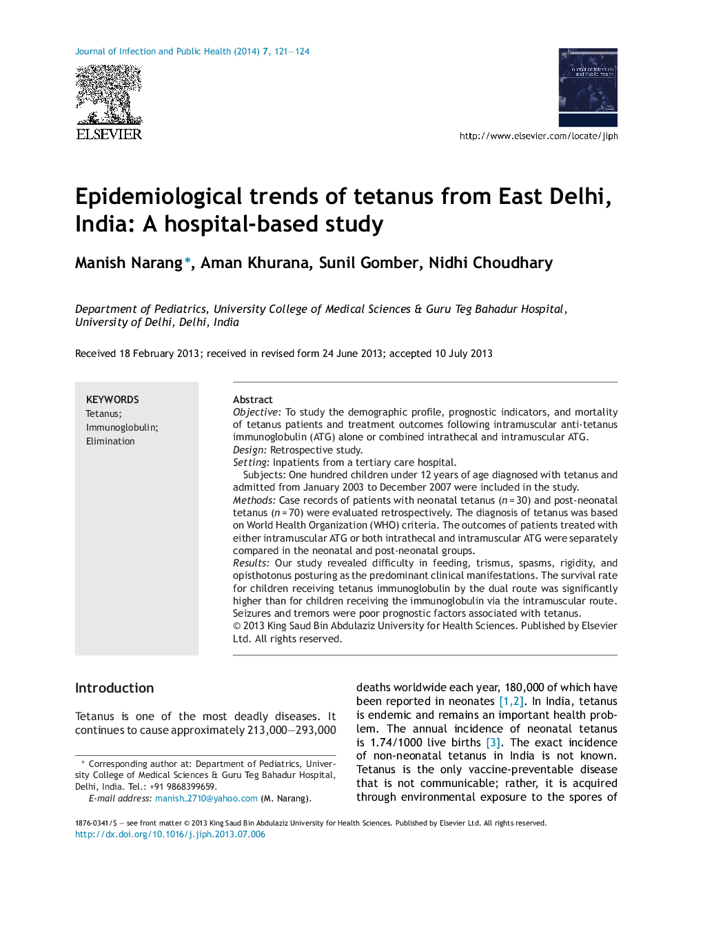 Epidemiological trends of tetanus from East Delhi, India: A hospital-based study