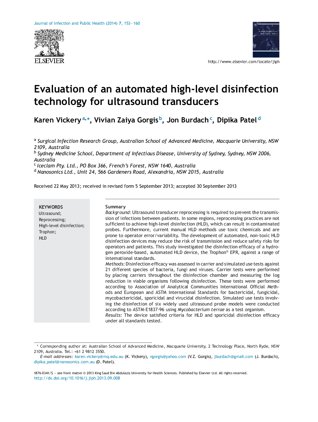 Evaluation of an automated high-level disinfection technology for ultrasound transducers