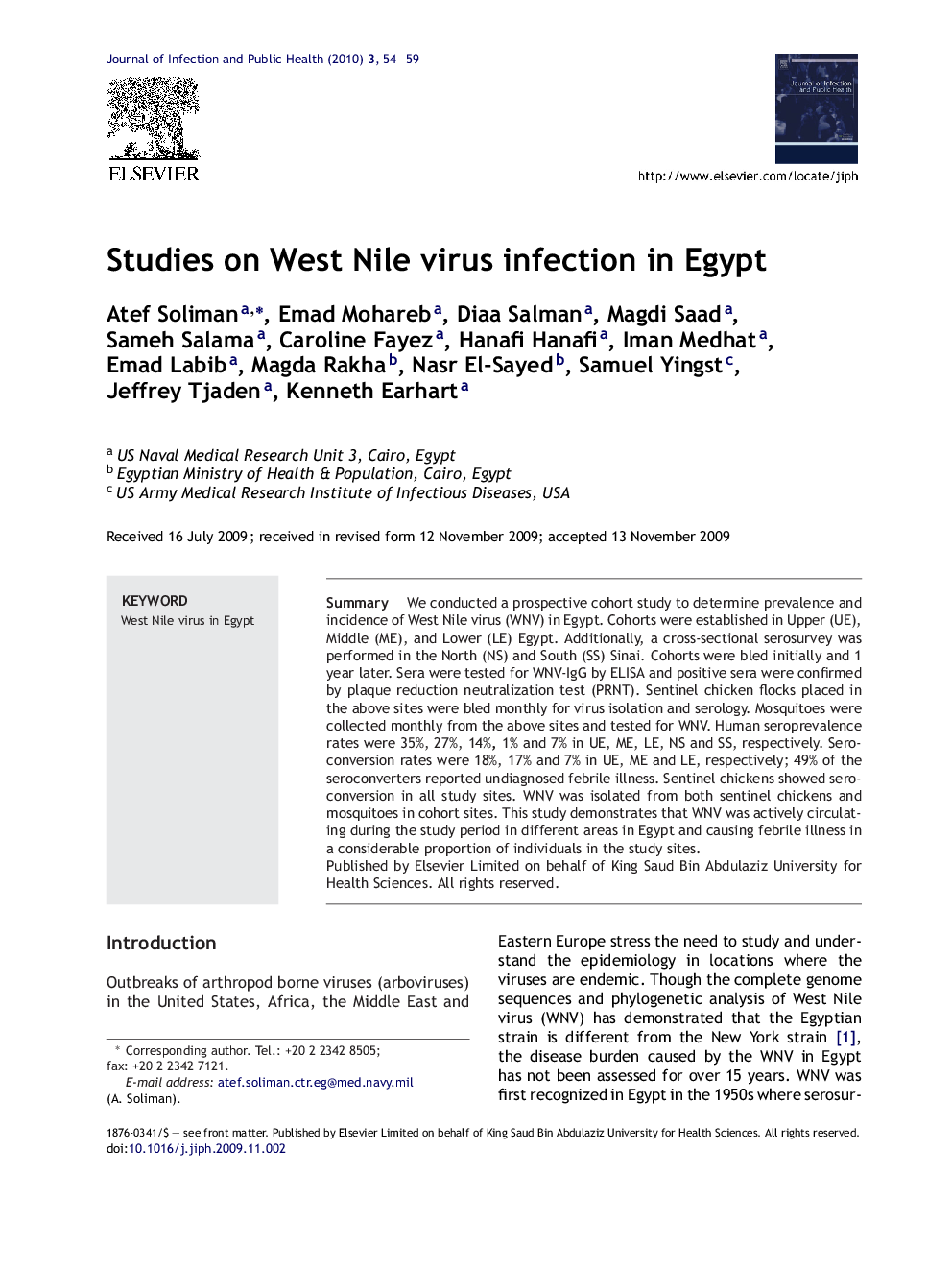 Studies on West Nile virus infection in Egypt