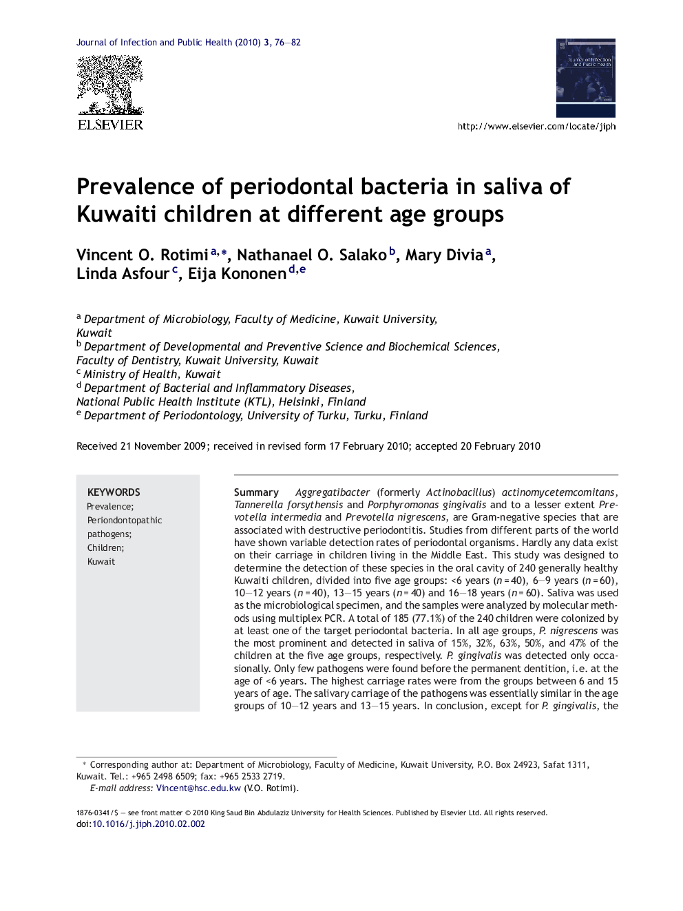 Prevalence of periodontal bacteria in saliva of Kuwaiti children at different age groups