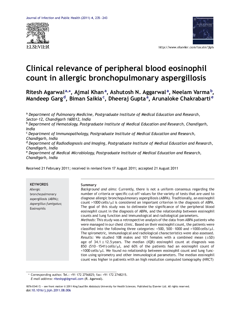 Clinical relevance of peripheral blood eosinophil count in allergic bronchopulmonary aspergillosis