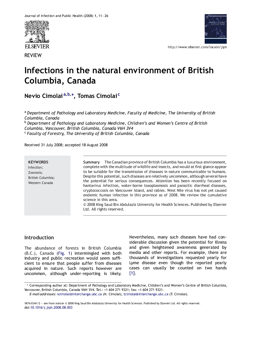 Infections in the natural environment of British Columbia, Canada