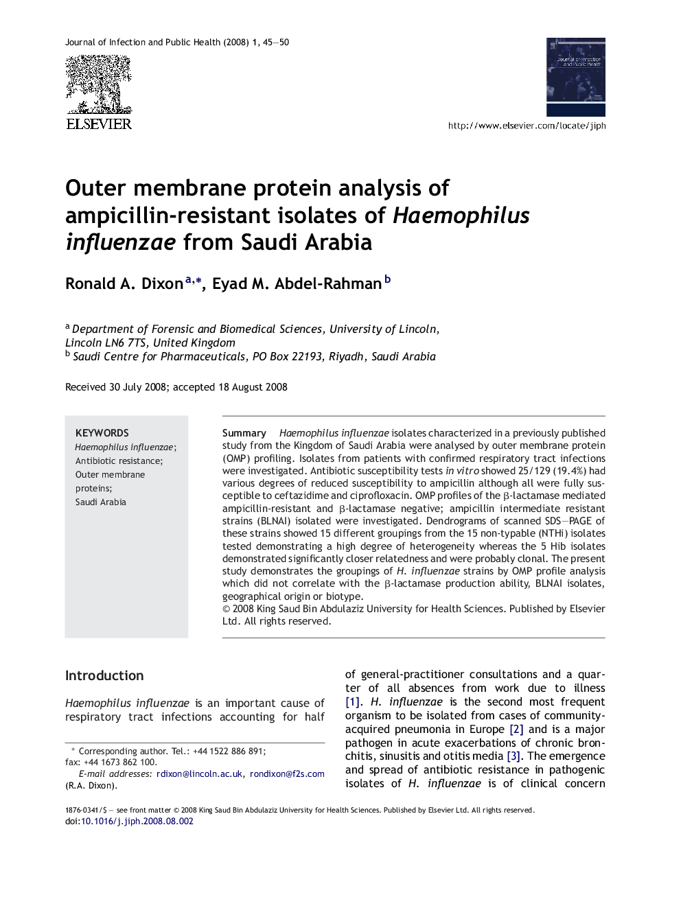 Outer membrane protein analysis of ampicillin-resistant isolates of Haemophilus influenzae from Saudi Arabia