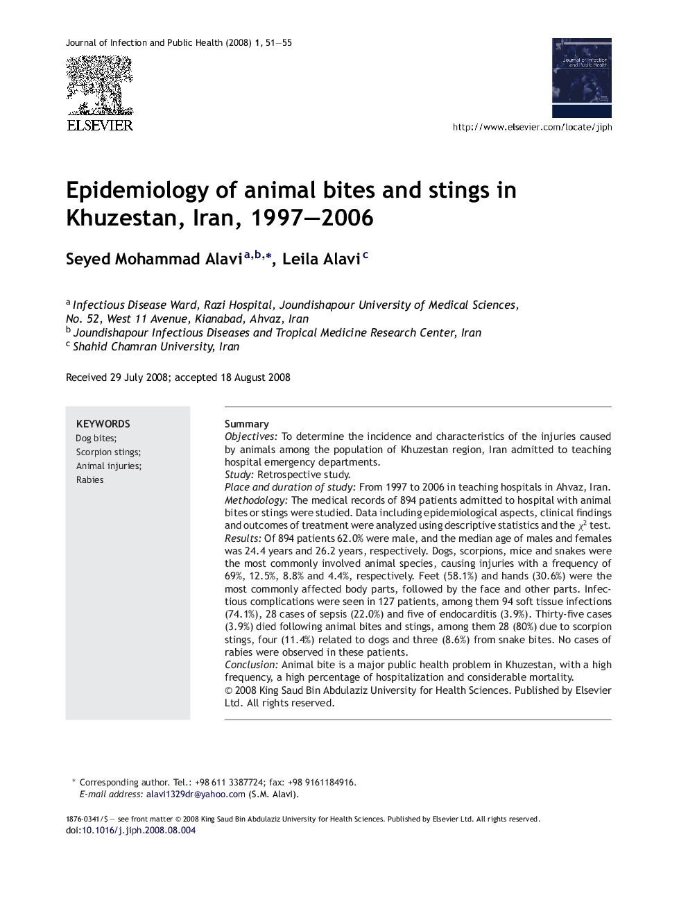 Epidemiology of animal bites and stings in Khuzestan, Iran, 1997–2006